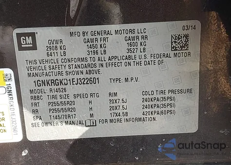 2014 Chevrolet Traverse 1Lt z USA, uszkodzony, nr VIN 1GNKRGKD1EJ322601